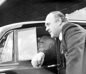 Sir Robert Menzies watching Carlton play Footscray from his Bentley at Princes Park in 1972.
